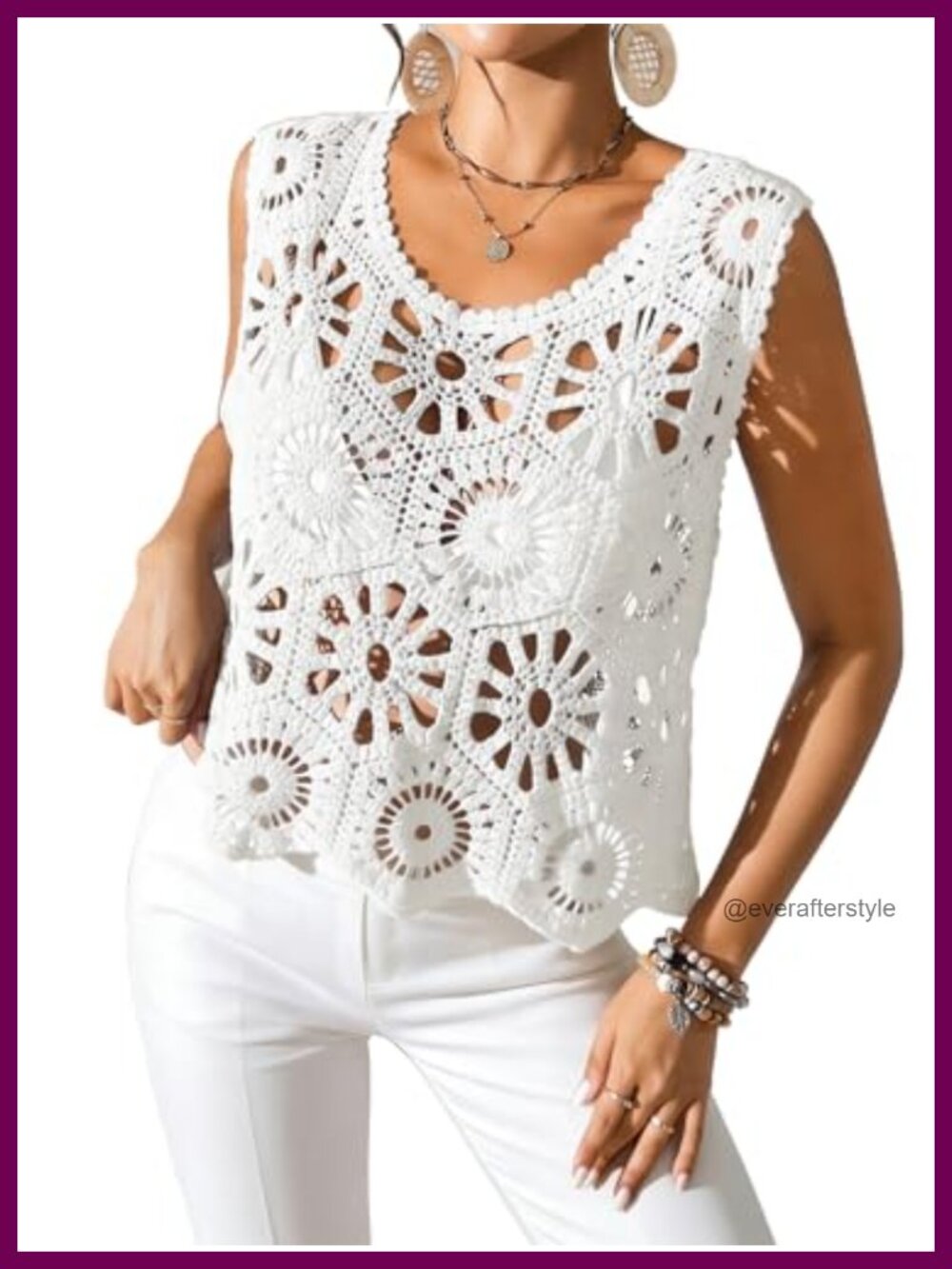 Womens Boho Crochet Knit Tank Top Scoop Neck Beachwear Summer Top